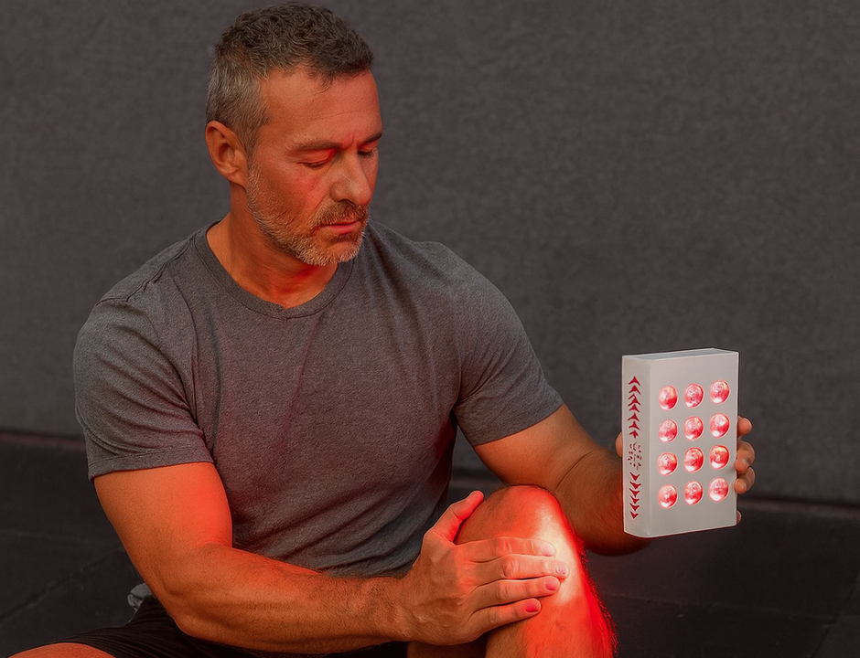 Man using a Red Nova Lights handheld device for joint comfort and mobility.